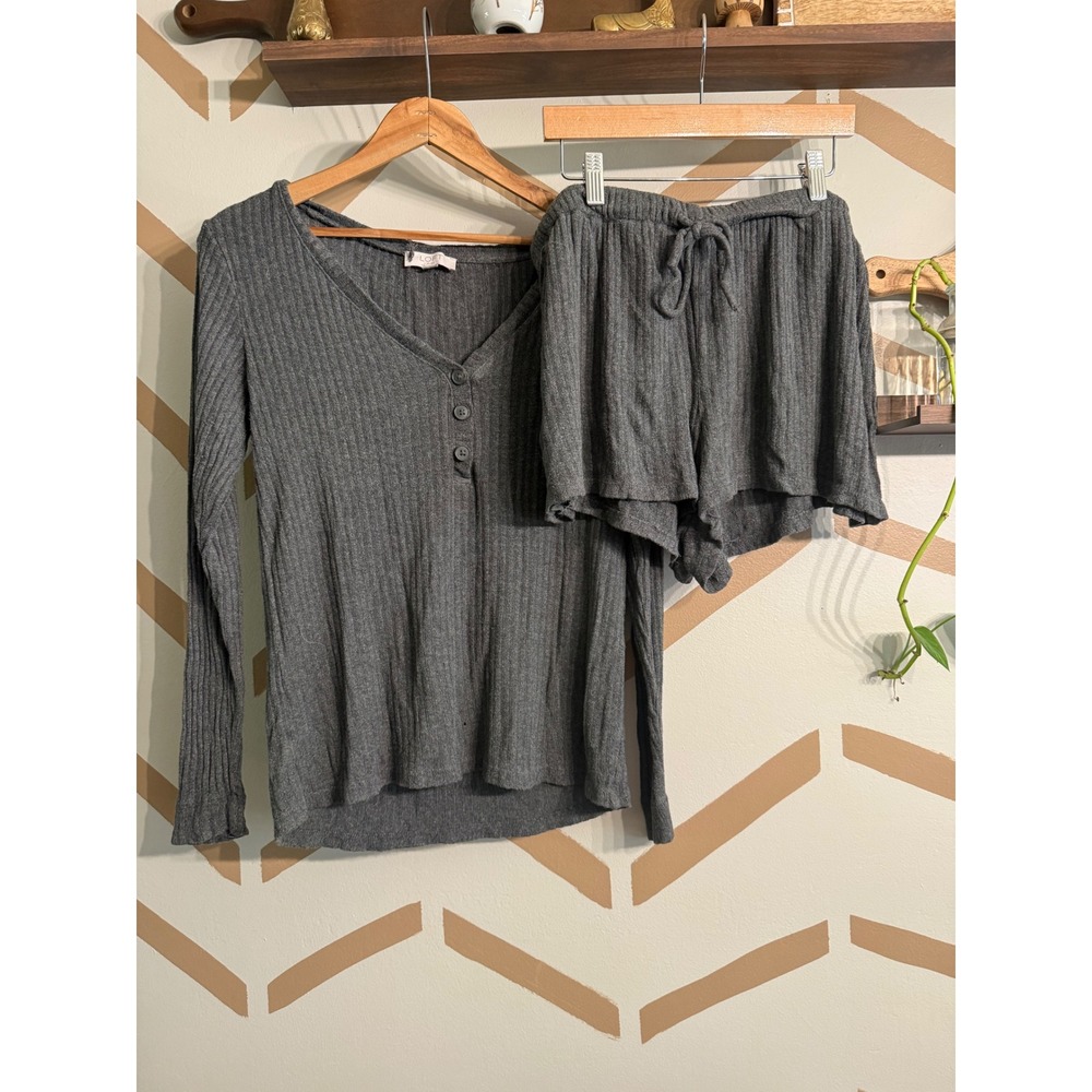 Loft Lounge Set Women S/M Grey Ribbed Henley Long Sleeve Shirt and Shorts